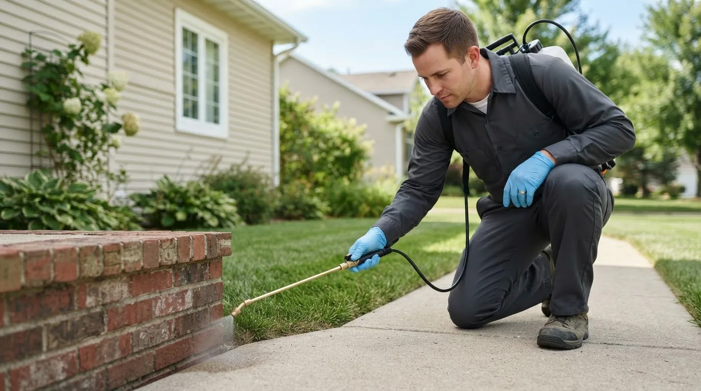 Pest control technician treating a home near Barbeau, MI