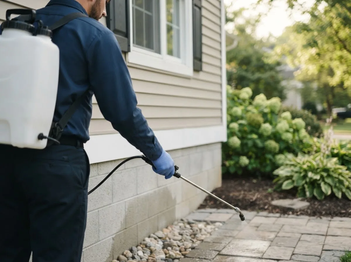 Pest control technician inspecting a home in Barbeau, MI